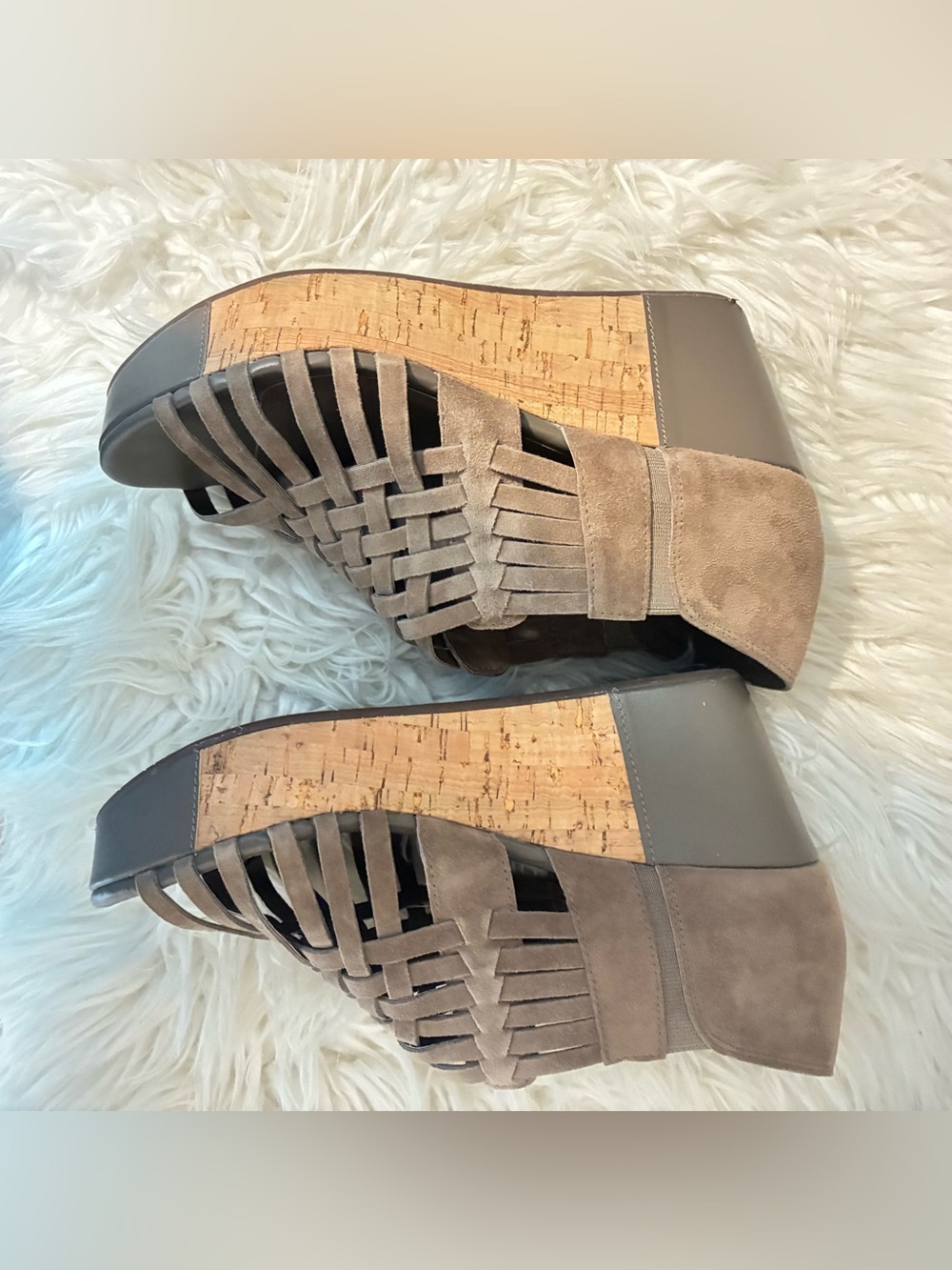 Chocolat Blu Taupe Woven Suede Cork Wedge Sandals - Picture 4 of 9